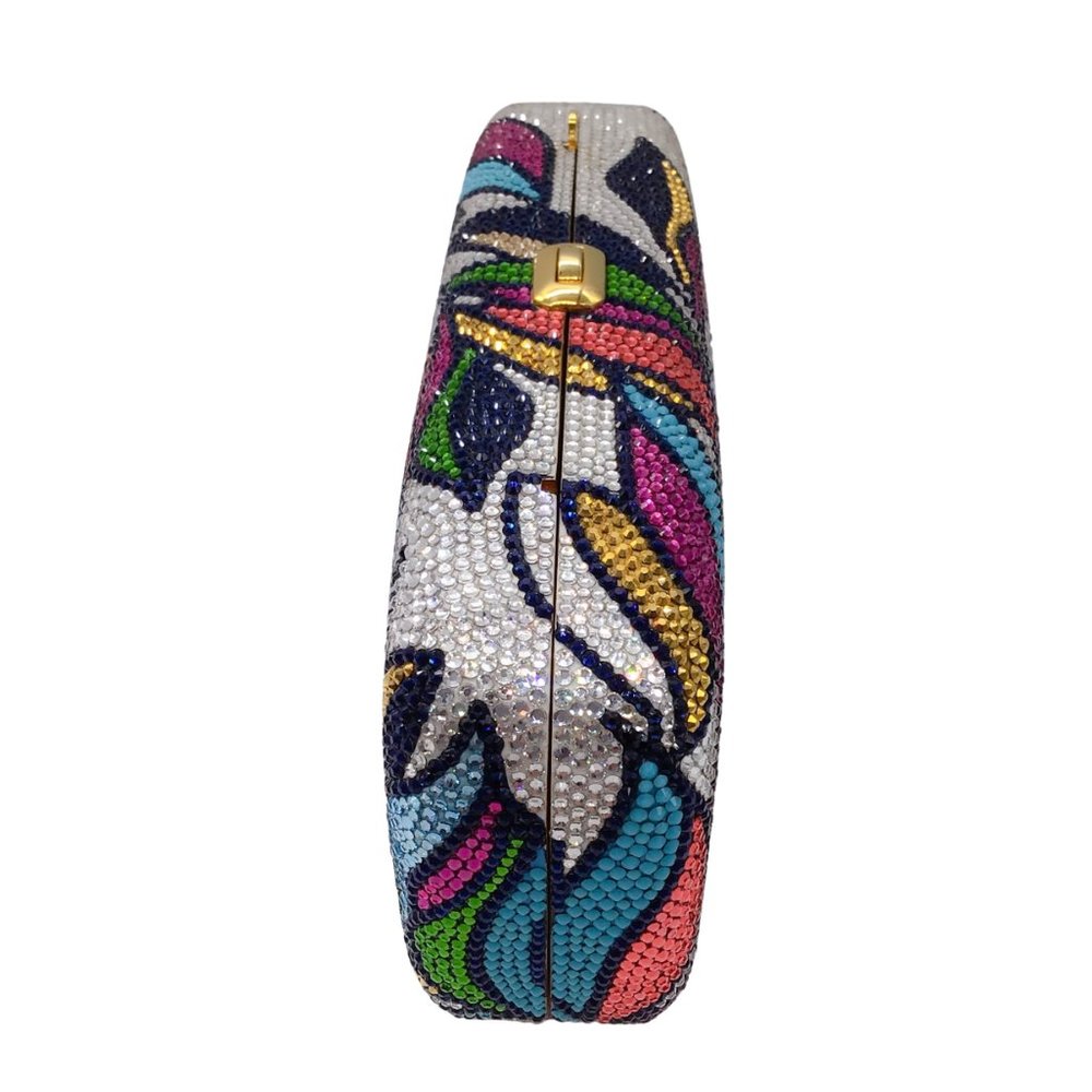 JUDITH LEIBER MULTICOLORED CRYSTAL EMBELLISHED LEAF DESIGN EVENING CLUTCH BAG - Picture 2 of 8